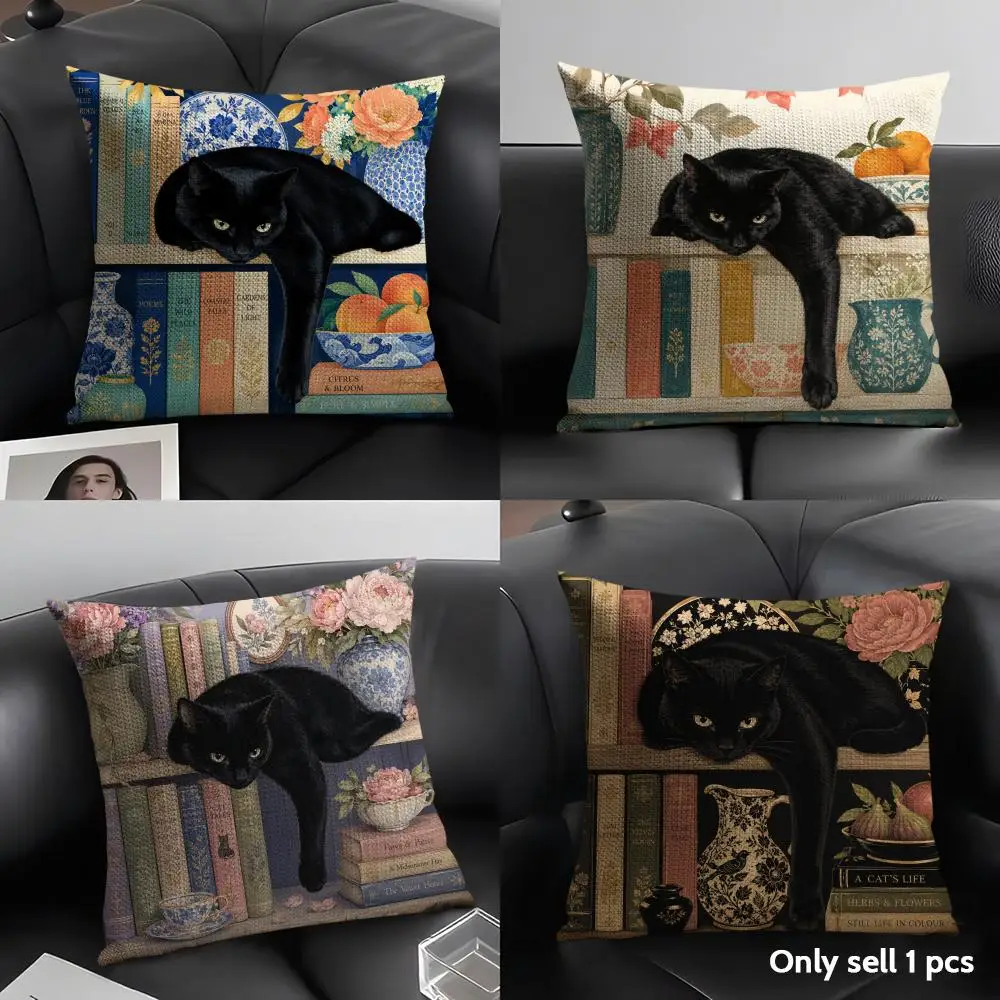 Black Cat Books Cushion Cover Linen Organic Fabric Double-Sided Printing Sofa Breathable Home Decor Gift Pillow Case