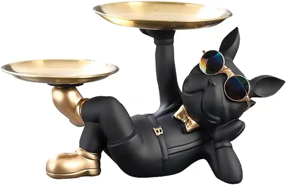 Adorable French  Statue with 2 Trays and Cute Glasses Black Resin Dog Sculpture Ornament Animal Figurines  Decor Anniversary Tha