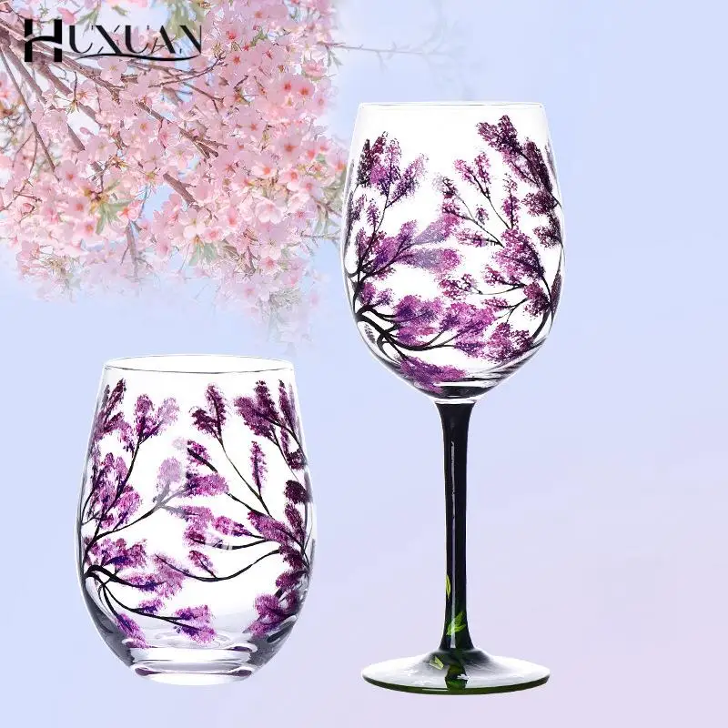 1PC Four Seasons Trees Wine Glasses Goblet Creative Printed Round Glass Cup For Wine Beer Cocktail Large Capacity Glass Cup Gift