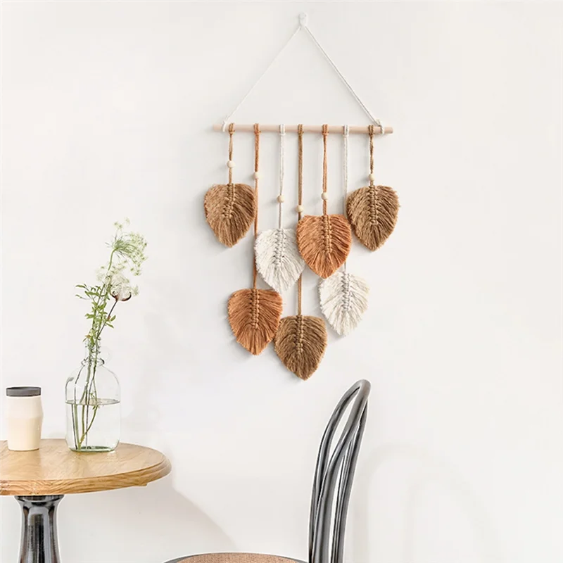 Chic Feather Boho Macrame Wall Decor Handmade Yarn Tassels Woven Wall Art Leaf Tapestry Bohemian Decoration,