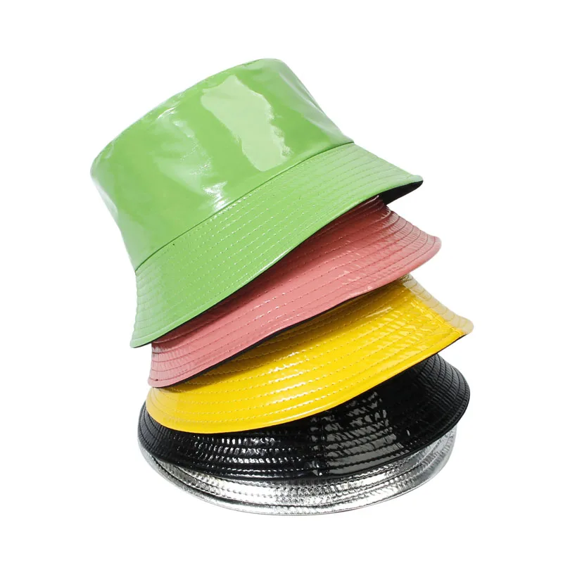 Fashion Shiny Hip-Hop Bucket Hat for Women Men PU Leather Wa