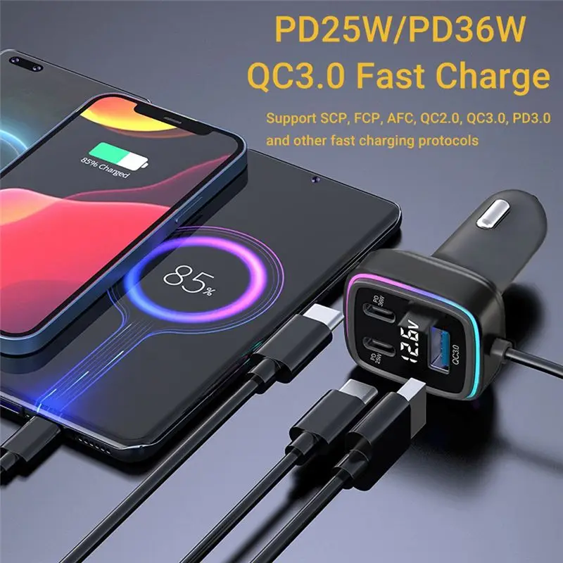 AB98-Voltage Display 6-Port Car Adapter Multiport Phone PD+ QC3.0 USB+ Type C view 3