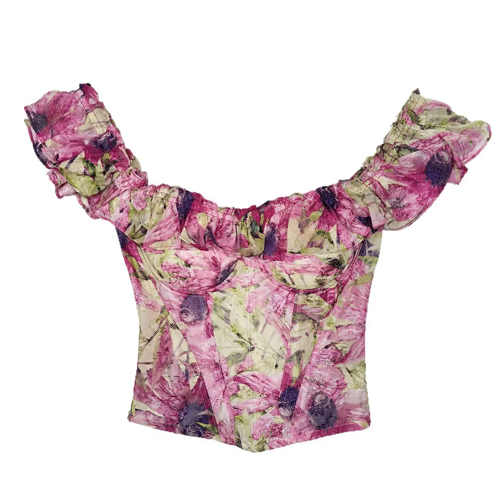 Fashion Off-Shoulder Bustier Top, Fuchsia Floral Print Tube Top with Puff Sleeves & Boning Backless V-Neck Corset Style Crop Top