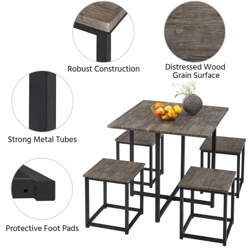 Conjunto de jantar com mesa quadrada industrial, 4 cadeiras sem encosto, Drift Brown, 5pcs