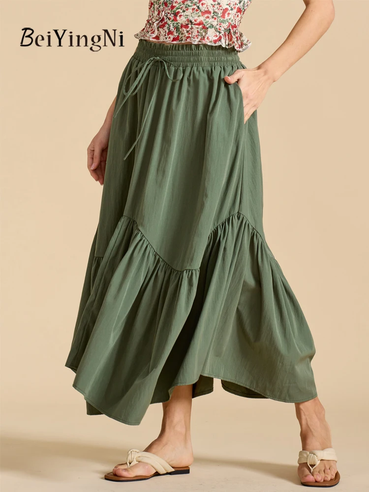 Beiyingni Women's Long Midi Skirts Wave Hem Drawstring Elastic Waist A-line Vintage Skirt for Woman Solid Color Streetwear Jupes