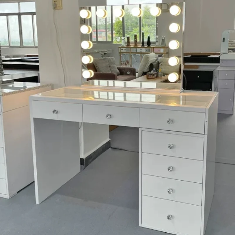 

Makeup Vanity With Lights Built-in, 7 Drawers, Mirror, Hairdryer Hanger, Glass Top