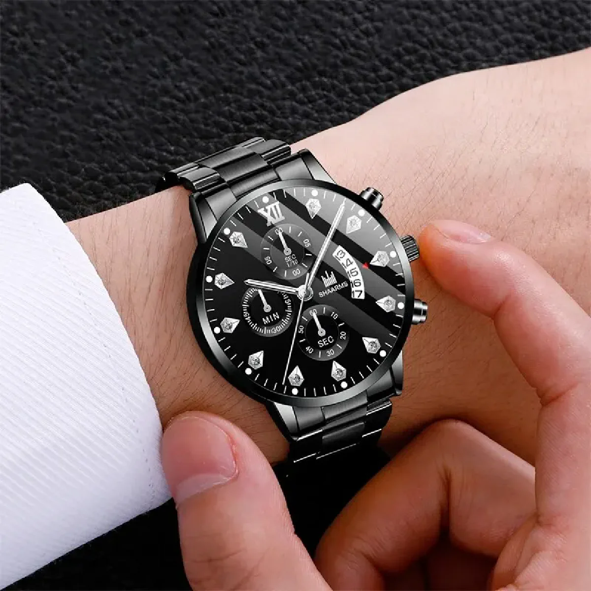 2PCS Fashion Mens Watches Black Stainless Steel Luxury Minimalist Quartz Wrist Watch Men Business Casual Calendar Watch for Men