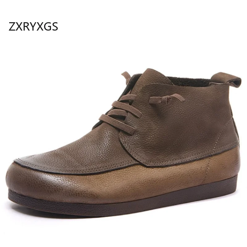 ZXRYXGS Top Cowhide Spell Colors Full Real Leather Boots Flat Soft Comfortable Women Fashion Casual Sneakers Trendy Boots 2026