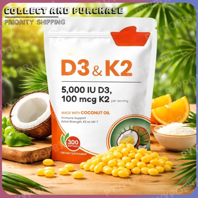 

Vitamin D3 K2 Supplement Contain Coconut Oil，5000 IU D3 & 100mcg K2 Supports Calcium Absorption and Bone Health 300 Softgels