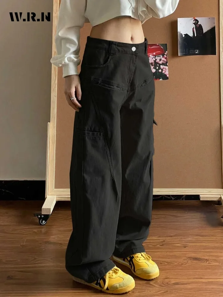 

Black Retro Straight-leg Casual Cargo Jeans Female Autumn Xia Mei Sle High Street Vibe Slish Slim Looking Loose Pants