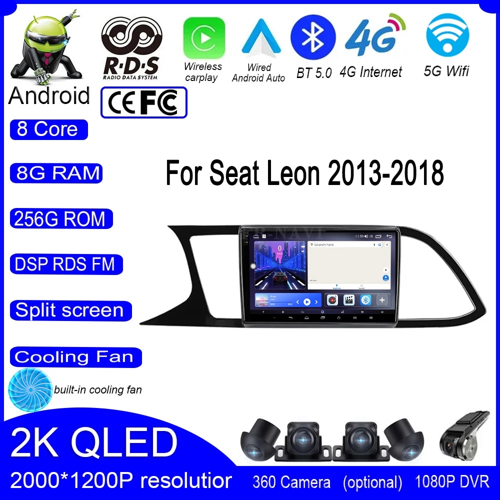 9-дюймовый DSP Android 14 для Seat Leon 2013-2018 автомобильное радио, видео, мультимедиа, QLED-навигация, GPS стерео экран Авто 4G + Wifi