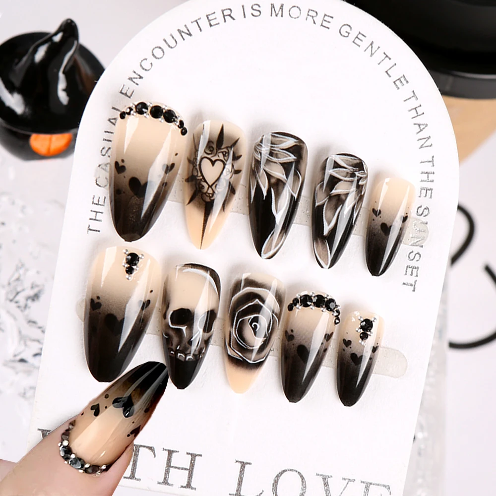 

24Pcs Gothic Halloween Almond Fake Nails Black Skull/Rose/Heart French Stick On False nail Reusable Acrylic Press On Nails Tips%