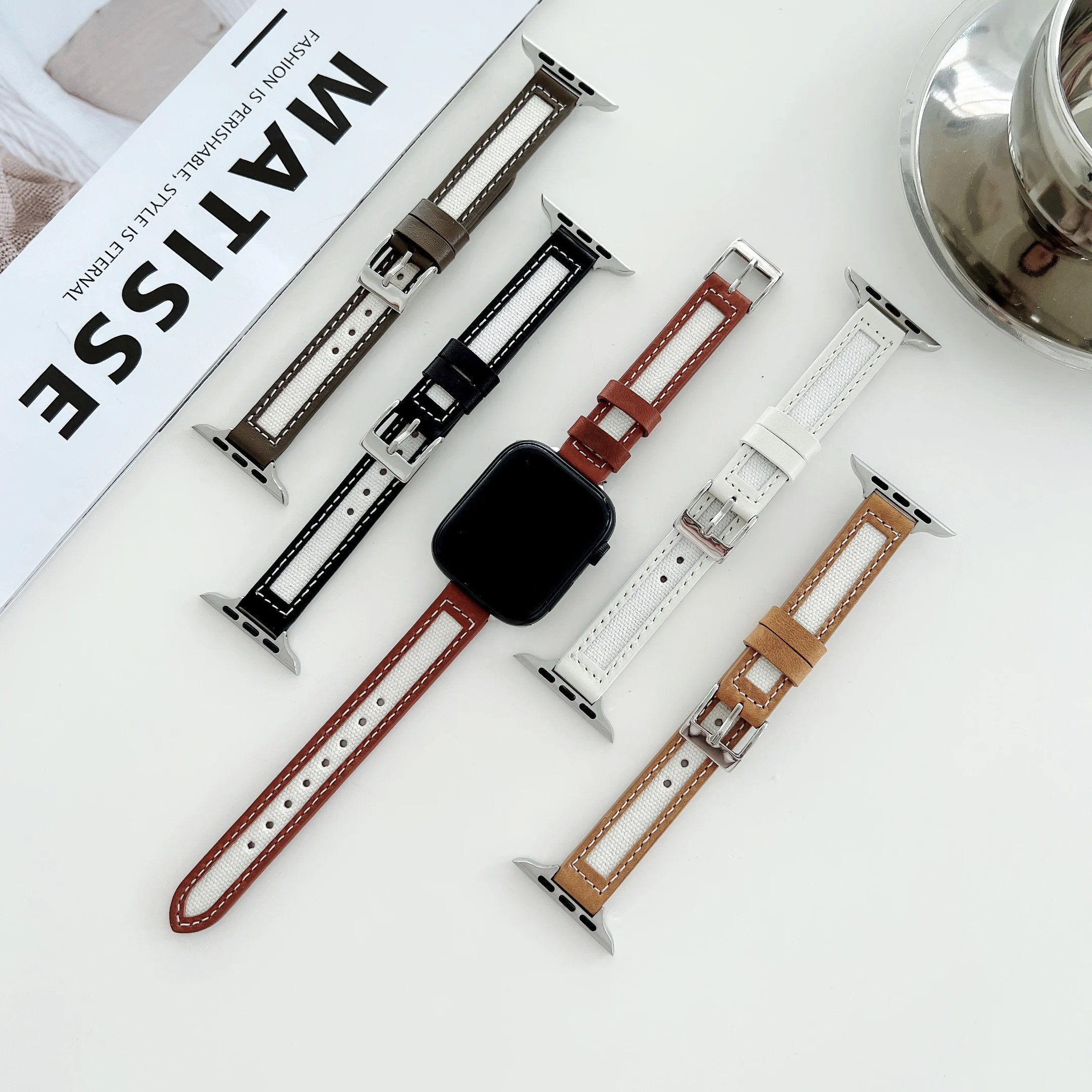 Popular Loop for Apple Watch Leather+Canvas Band 38mm 40mm SE3 2 1for Iwatch Series7 6 5 4 41mm 45mm 42/44mm Slim Bracelet Strap