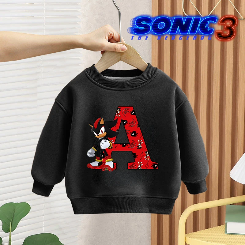 Sonics Children's Sweatshirt Letter A-Z Printed Shadows Sweater Fashion Thin Plush Pullover Round Neck Boys Clothes Cartoon Tops