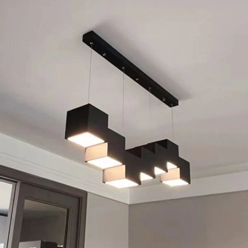 

Minimalist Black cube Rubik's cube chandelier Ceiling hanging Hardware wire lustre, APP with RC Dimmable for Kitchen island