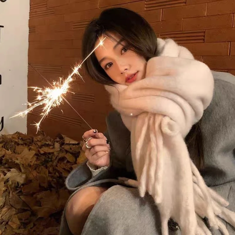 New Mohair Solid Color Scarf for Women in Winter Warm Scarf Thick Yarn Knit Coarse Tassel Shawl for Outer Wear