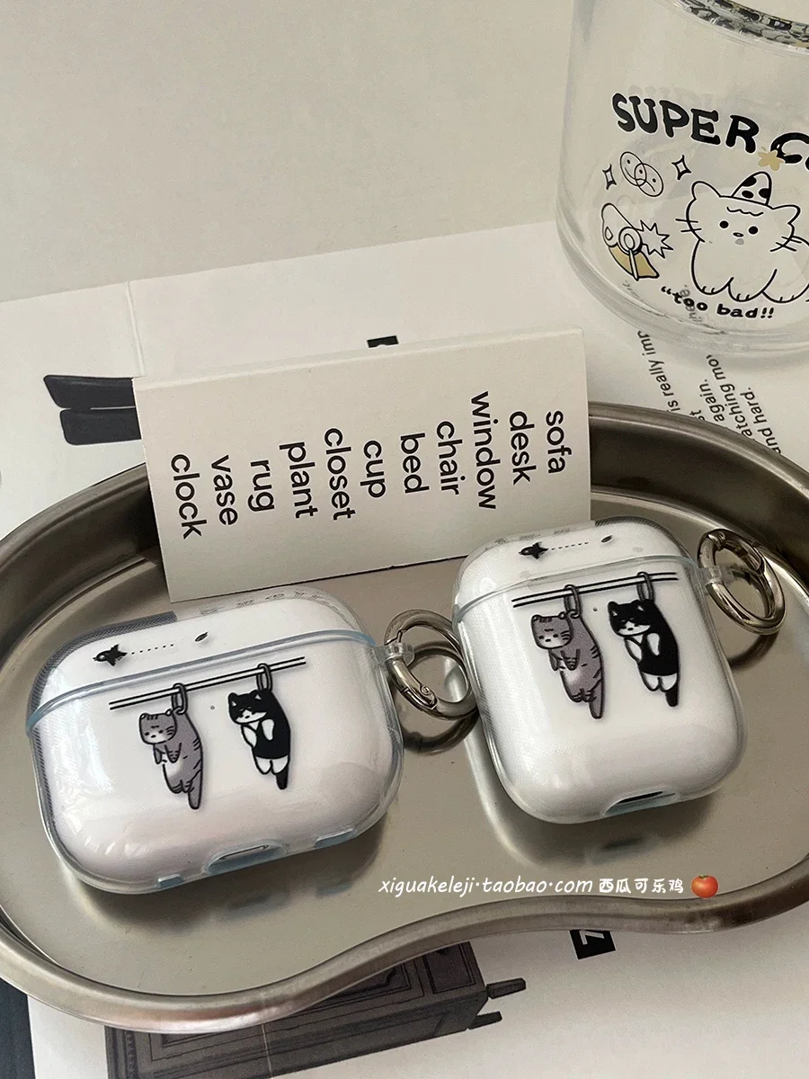 Funda para auriculares Airpods 1, 2, 3, 4 y Airpods PRO 2, 3 con diseño de gatito kawaii y gato negro, estilo Y2K, transparente, para auriculares inalámbricos Bluetooth, resistente a caídas.