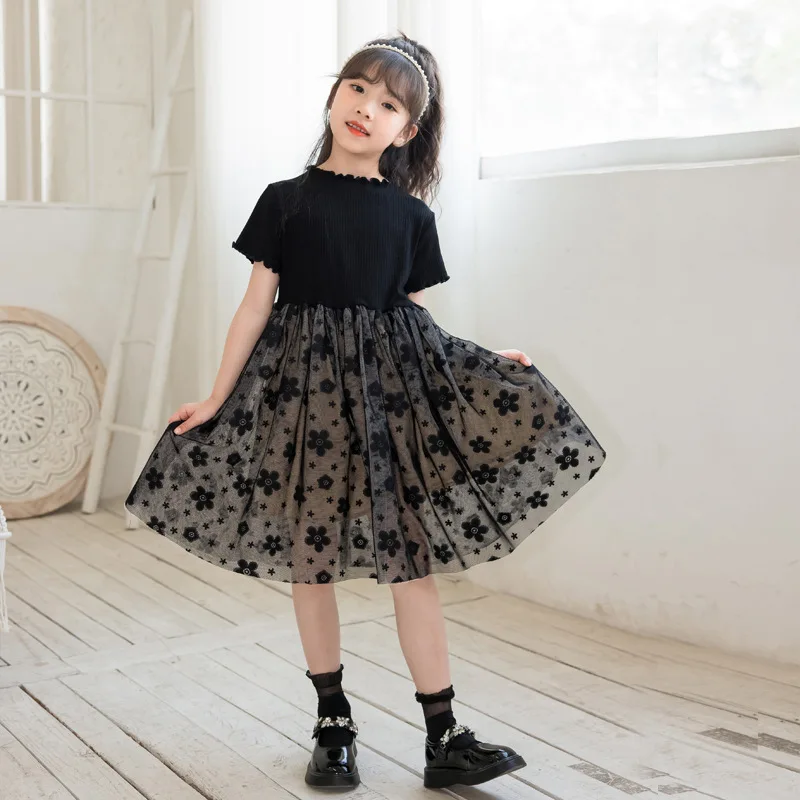 2026 Summer Girls party princess PATCHWORK short sleeve flower mesh lace layered Dress Teens Clothes Toddler 4 to 10 12 year