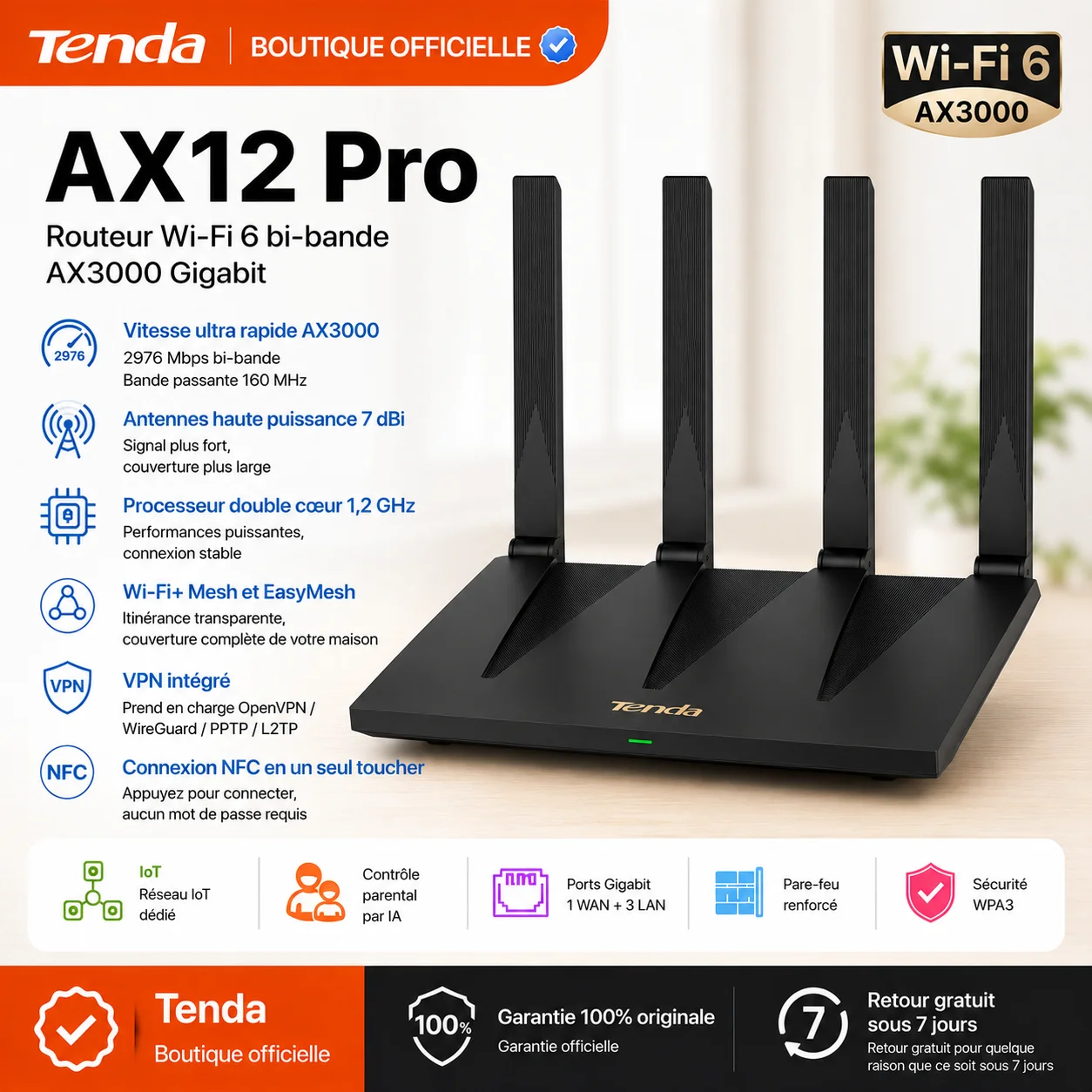 Routeur WiFi 6 Tenda AX12 Pro AX3000 Double Bande 160MHz 2976Mbps Gigabit EasyMesh WiFi+ NFC VPN OpenVPN WireGuard 4 Antennes Haute Puissance 7dBi Couverture Étendue Réseau IoT Contrôle Parental