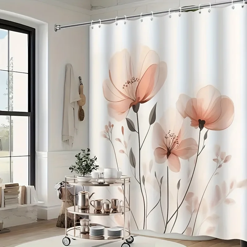 1pc Minimalist Floral Shower Curtain Features a Soft Pink Color, Creating a Fresh And Gentle Overall Look That Embodies a Easy Y
