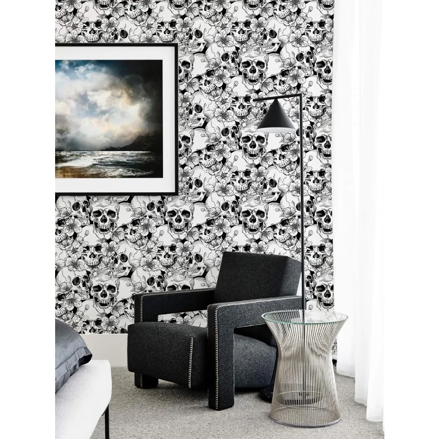 45cm Width Halloween Peel and Stick Wallpaper Sugar Skull Floral for Bedroom Black/White Removable Accent Wall Decorations