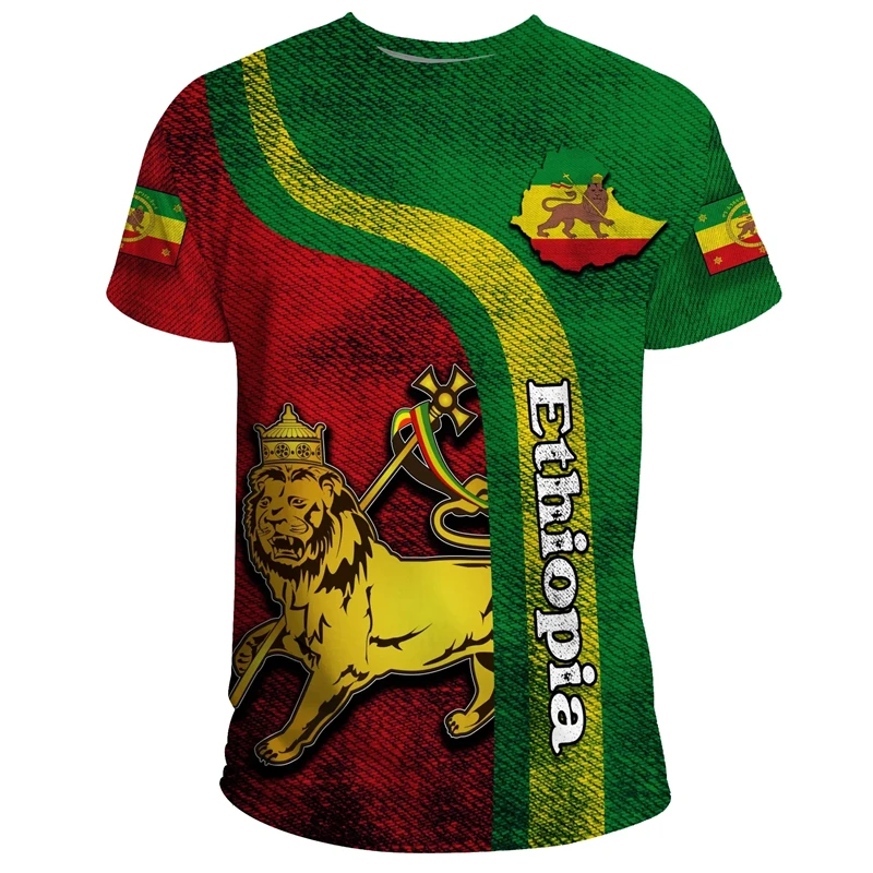 Africa County Ethiopia Eritrea Lion Tattoo Retro Street 3D Print Tee Shirts Ethiopian National Emblem Unisex Short Sleeve Tops