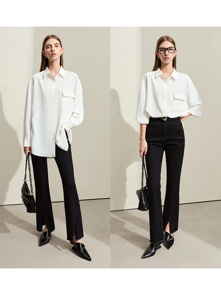 Amii Minimalism Women Shirt 2024 Spring New Lapel Drop Sleeves Chiffion Mid-length Lady Loose Trendy Shirts & Blouses 12421023