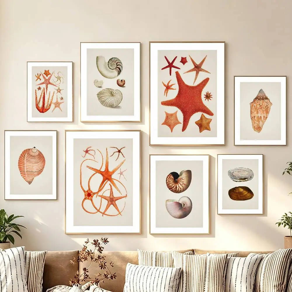 Wonderful Marine Life Starfish Conch And Lobster Poster Self-adhesive Art Room Entrance Restaurant Wall Decor Art Painting