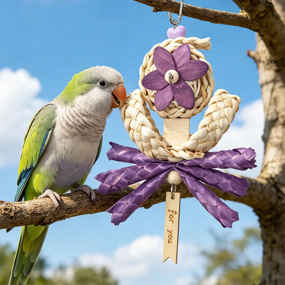 Parrot Chew Toy, Natural Straw Wood Bird Toy, Hanging Foraging Toy for Parakeet, Cockatiel, Conure, Lovebird-Random Color