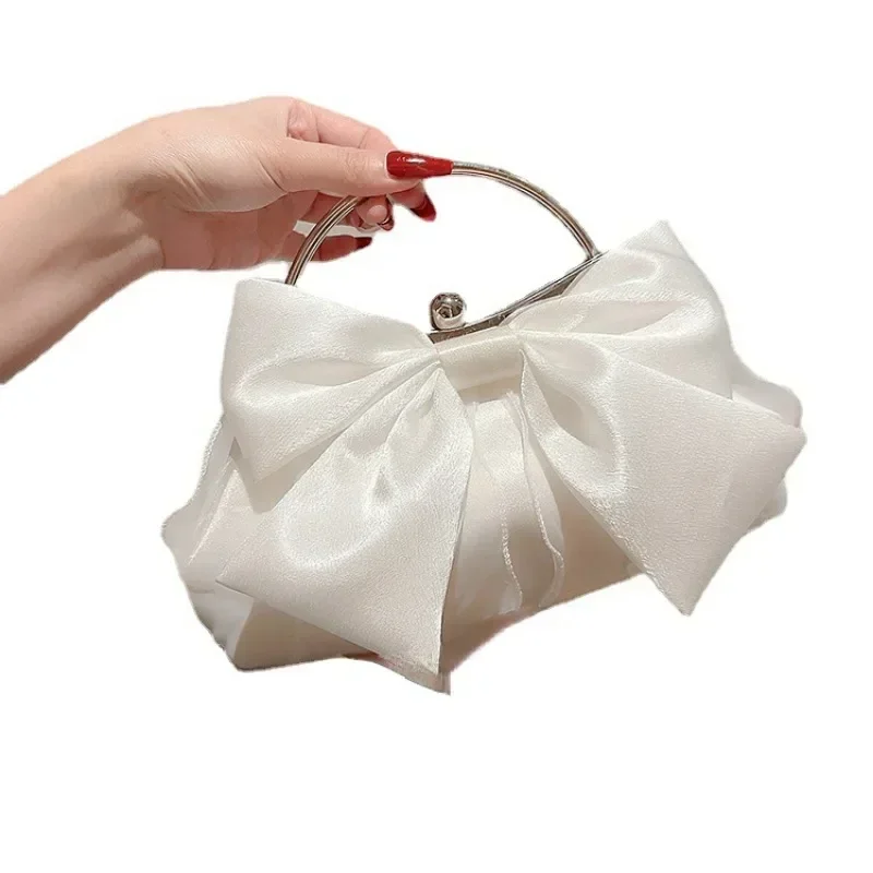 White Satin Bow Fairy Evening Bags Clutch Metal Handle Handbags for Women Wedding Party Bridal Clutches Purse Chain Shoulder Bag