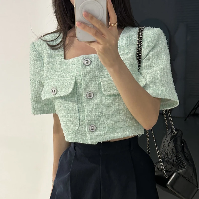 Korea Temperament Short Sleeve Cardigan Women Clothes Crop Tweed Coat Chic Tops Summer Elegant Square Collar Casual Sweet Jacket