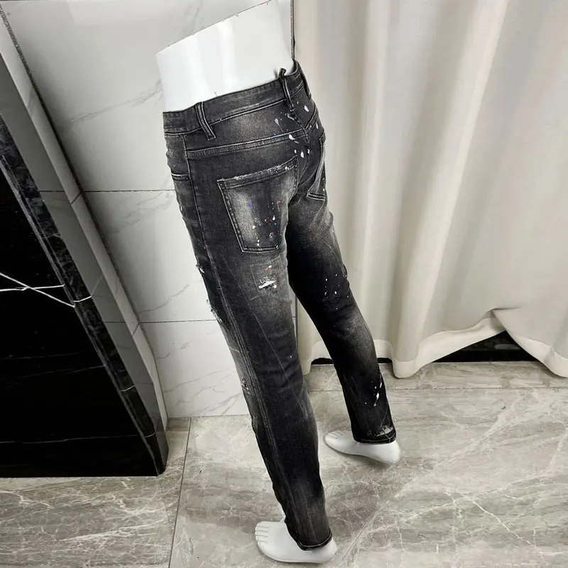 

High Street Fashion Y2K Men's Jeans Scratched Painted Washed Nostalgic Stretch Slim Black Jeans High Street Hip Hop Brand Pants