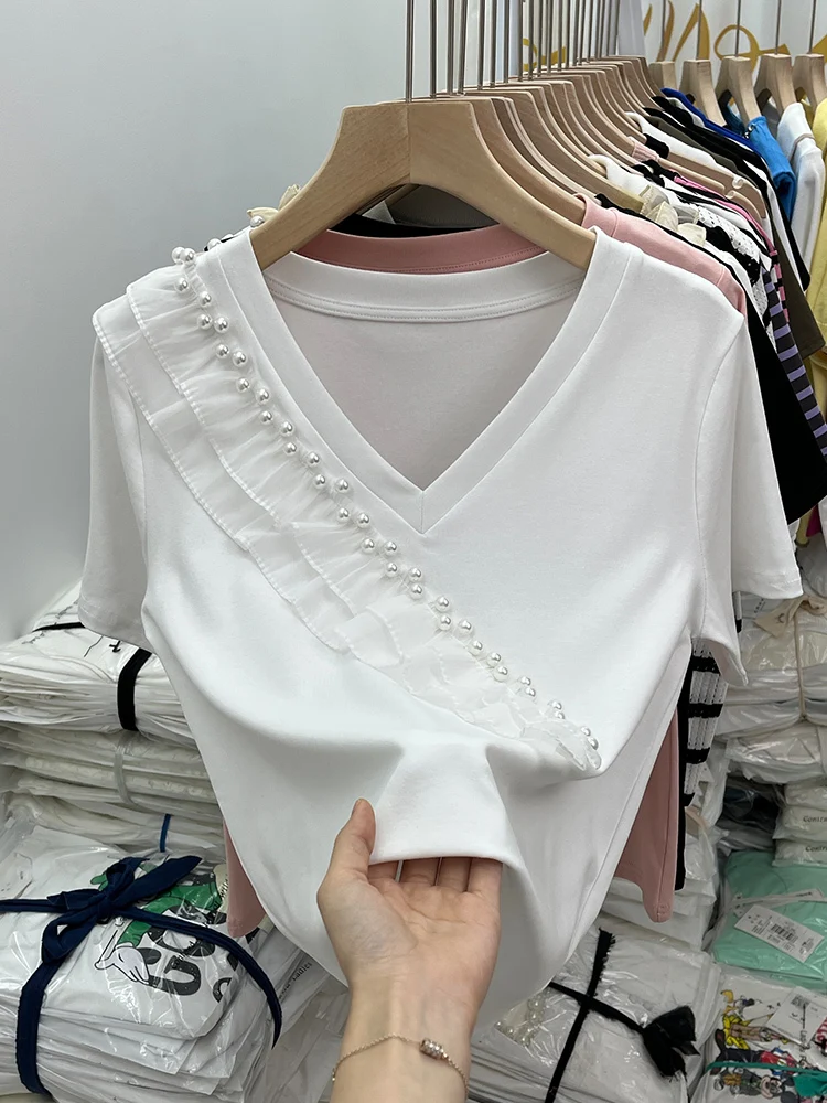 2023 100% cotone estate perline per unghie Tshirt industria pesante t-shirt donna Slim Solid manica corta t-shirt Basic Top