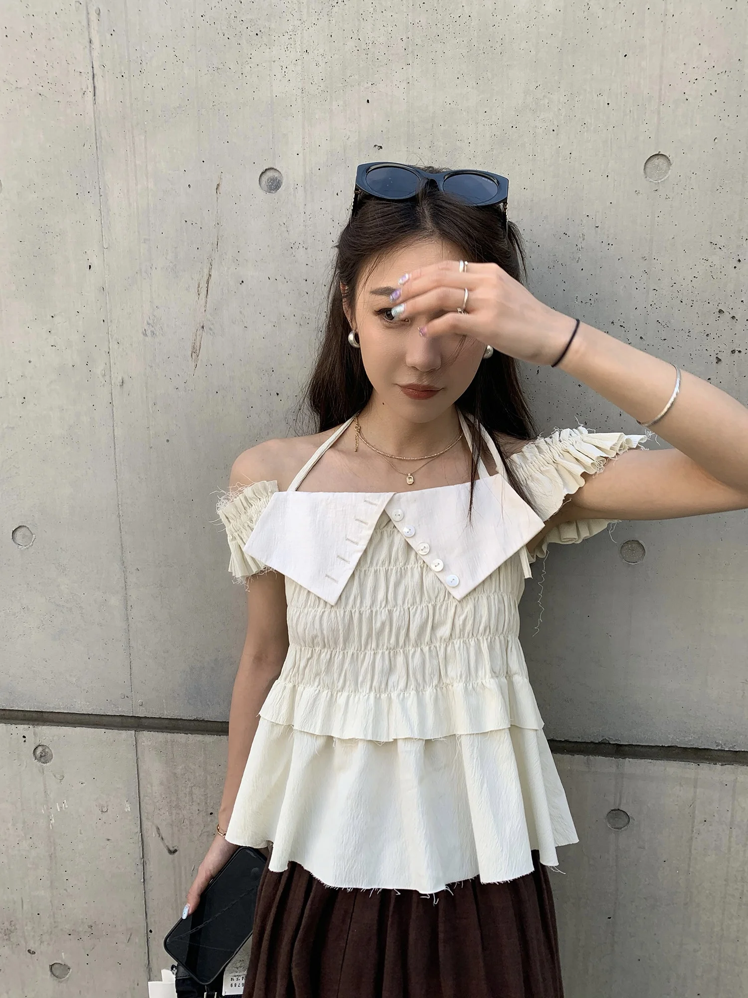 

Sexy Strapl ort Sve Top Hanging Ne Design Small Sensual Texture Folded ort Length Polyester Blend Summer Top