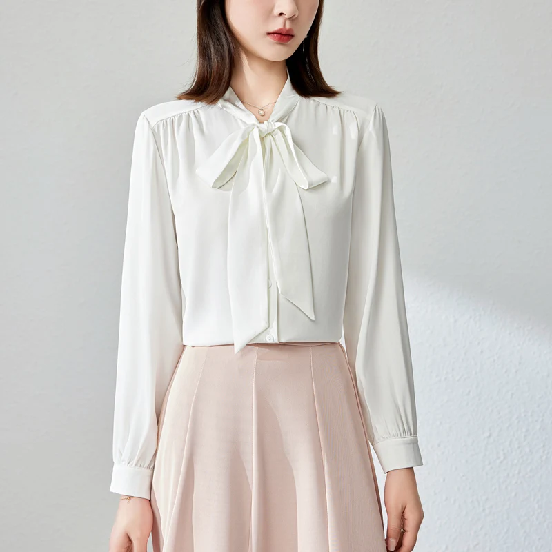 

Ele Blue Acetate Satin irt Women's Long Sve Spring Autumn Small Size Bow Tie irt High End Feel Straight Cut Top