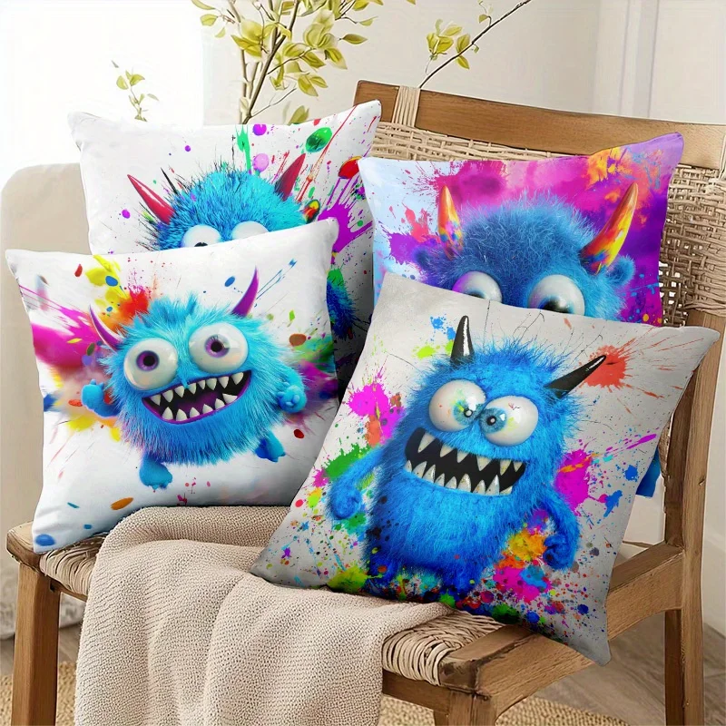 Cute Monster Style Pillow Covers Adorable Blue Creature with Watercolor Splatter Print Cushion Cases Cozy Home Decor for Bedroom