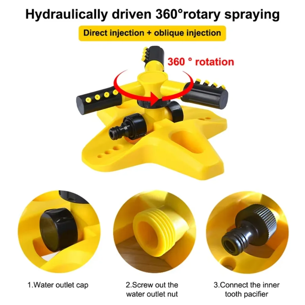 360° Auto-Rotating Lawn Irrigation Sprinkler Water-Saving Plastic Yard Coverage Sprayer Three-way Plant Watering Sprayer Yard