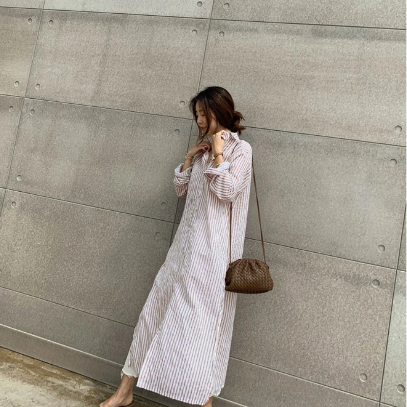 REALEFT Spring Summer Vintage Striped Women\'s Shirts Dress 2024 New Long Sleeve Single Breasted Korean Casual Loose Dresses