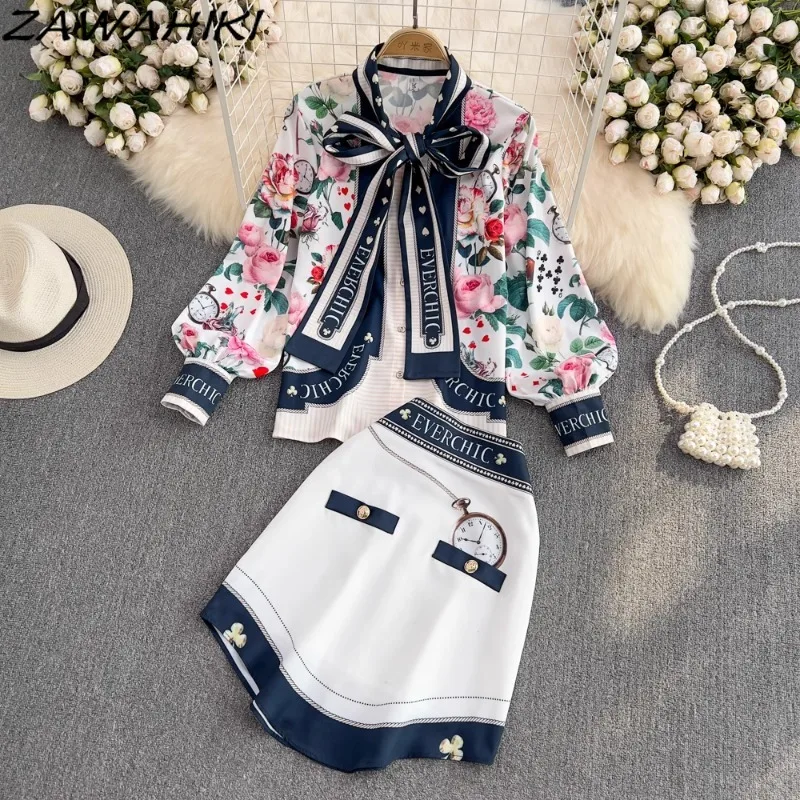 

Fashion Suit Female Temperament Loose Bow Two Piece Set Women Chiffon Print Floral Women's Shirt+ High Waist Women's Skirts