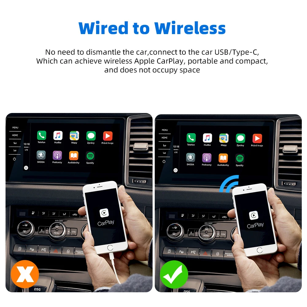 A1 Mini Carplay Wireless for Toyota Mazda Nissan Camry Subaru Tesla Audi Mercedes Kia IOS15 Spotify BT Android Apple 2 in 1