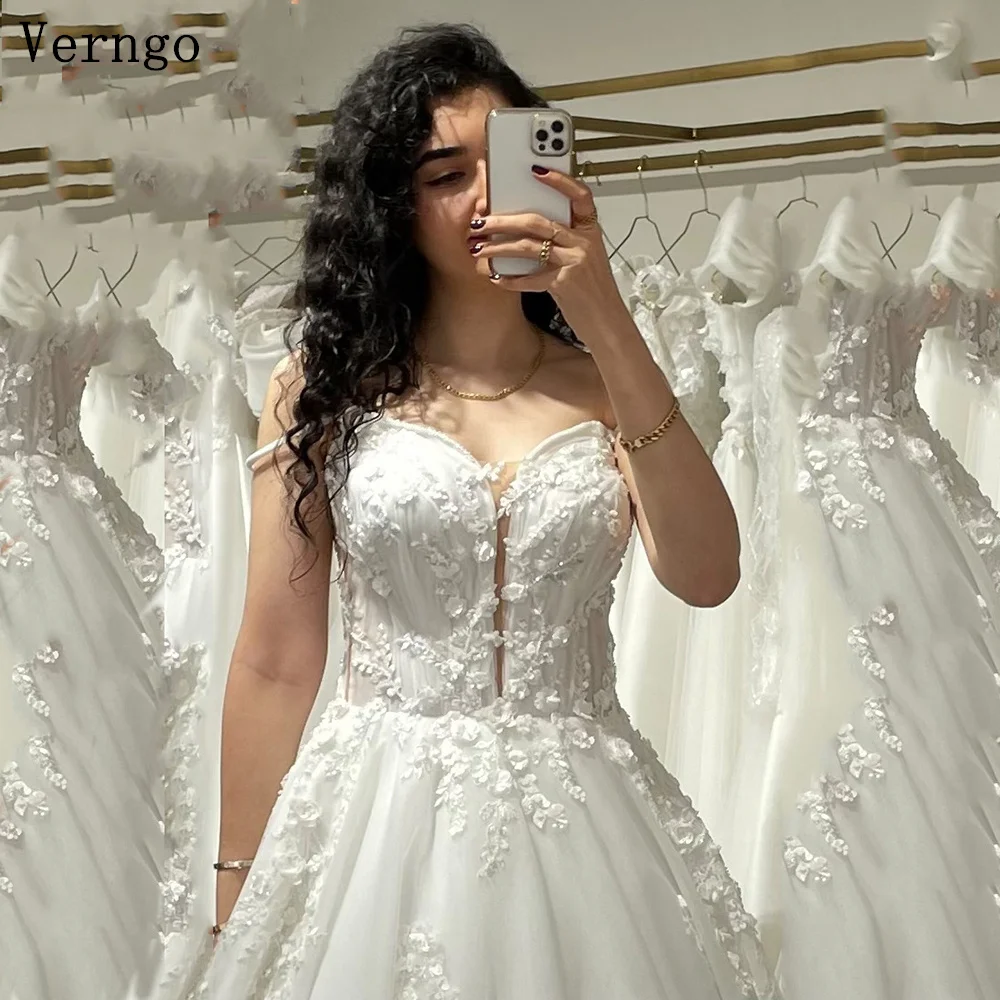 

Verngo Appliques Tulle Wedding Dresses Spaghetti Straps A Line Bride Dresses Elegant Sweap Train Bridal Gowns Customized