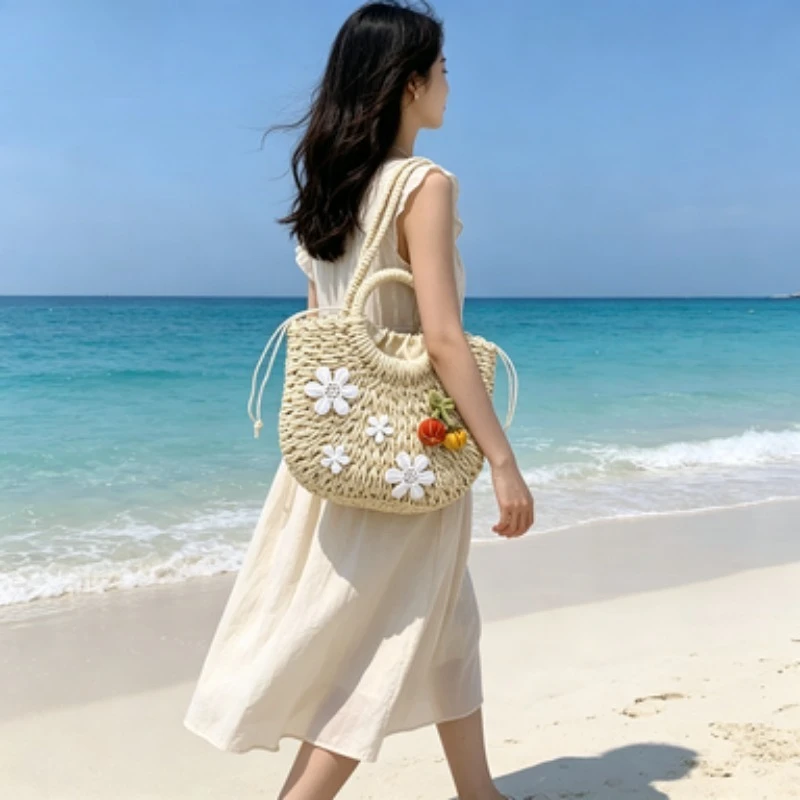 

Летняя плетеная сумка для женщин, полукруглая соломенная сумка, повседневная пляжная сумка в отпускном стиле, сумка через плечо