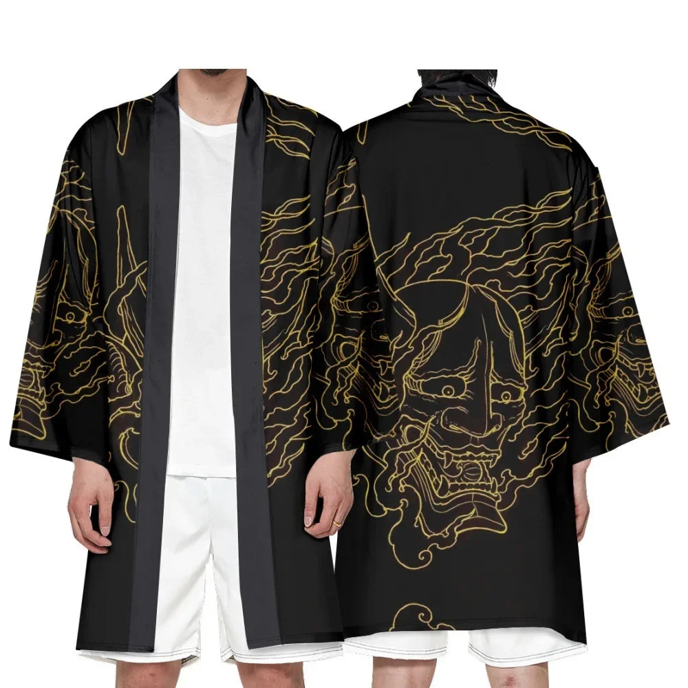 Men's Japanese Long Kimono Cardigan Boys Samurai Costume Kimono Demon Pattern Kimono Shirt Yukata Outer Cover