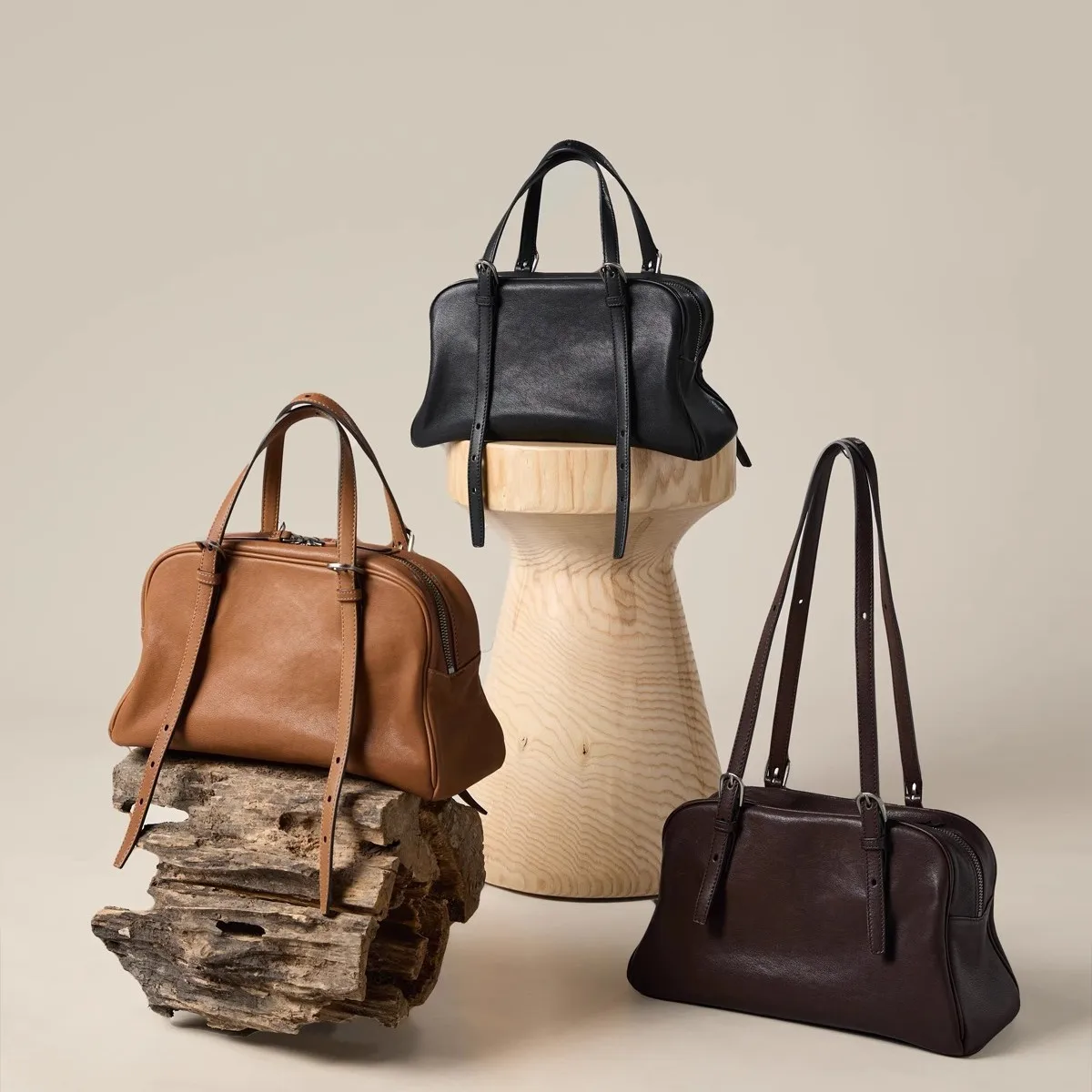 

QIUZHEN Vegetable-Tanned Top-Grain Lambskin Bowling Bag Women's Vintage Casual Large Capacity Genuine Leather Tote Shoulder Bag