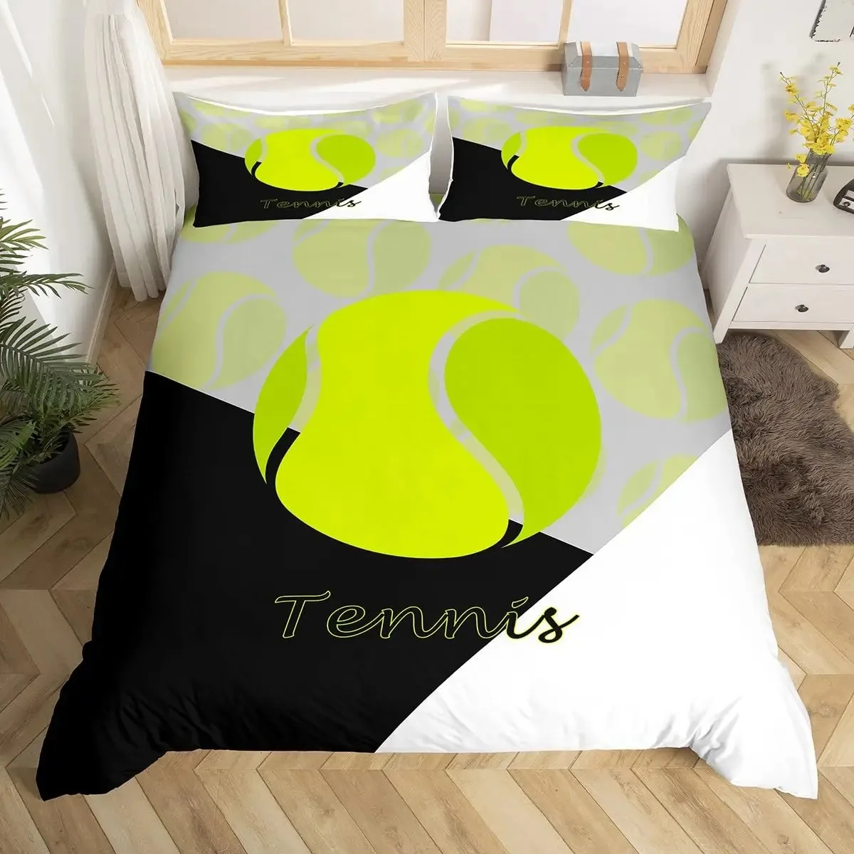 

Tennis Bedding Set Full Size Sports Theme Comforter Cover Tennis Lover Duvet Cover Ball Games Yellow Black White Quilt Cover