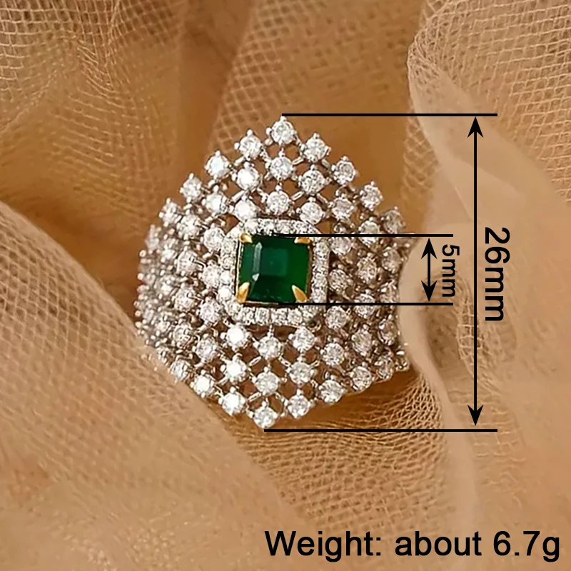 Huitan Funkelnder Damenring mit grünem CZ-Stein, hohles Design, modisch, für Hochzeit, elegante Dame, Jahrestag, Accessoires, Schmuck, Geschenk – Detail 1