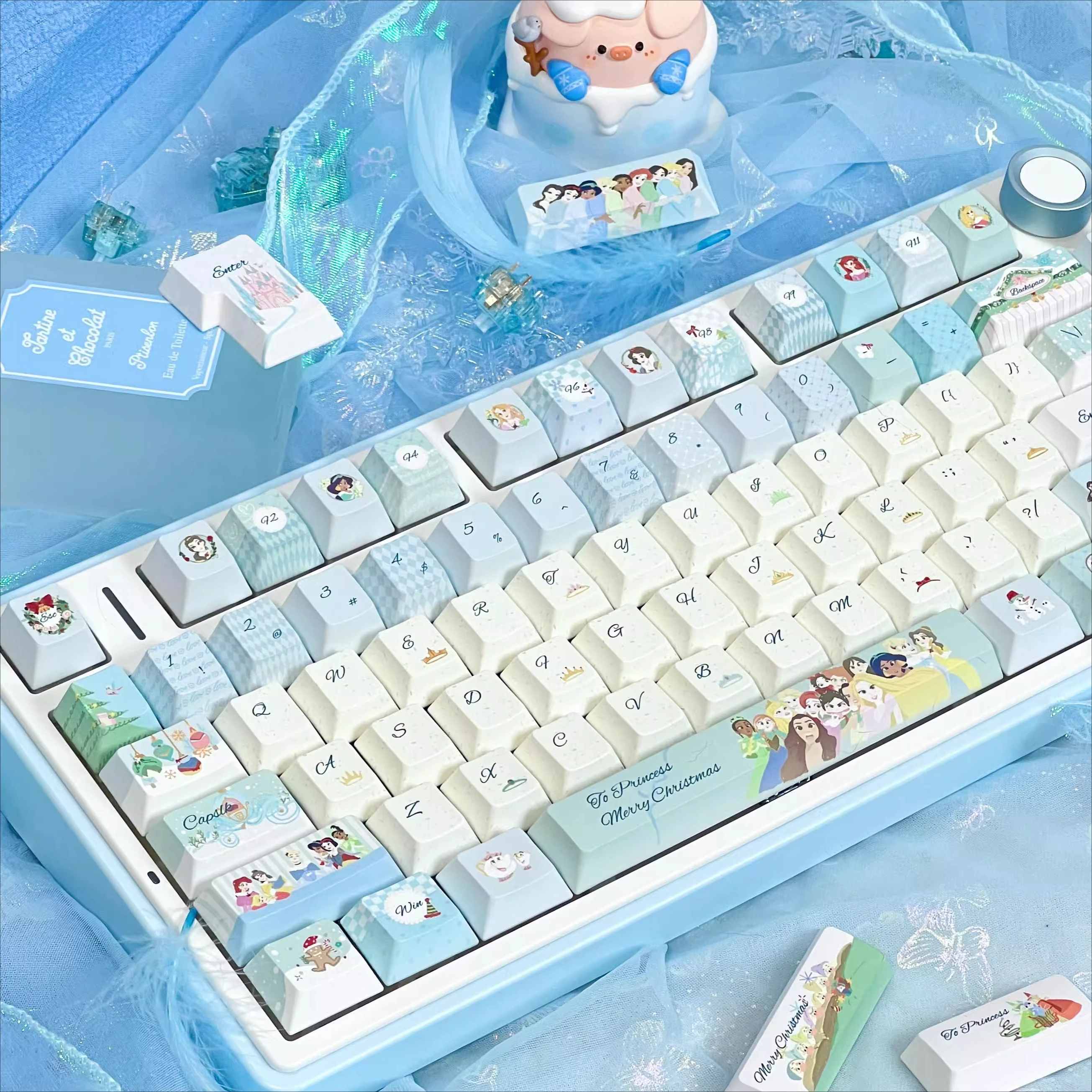 Merry Christmas Keycaps Cherry Pbt Side-Engraved Translucent Keycaps Cartoon Princess Character Theme 120Keys Blue Keycaps