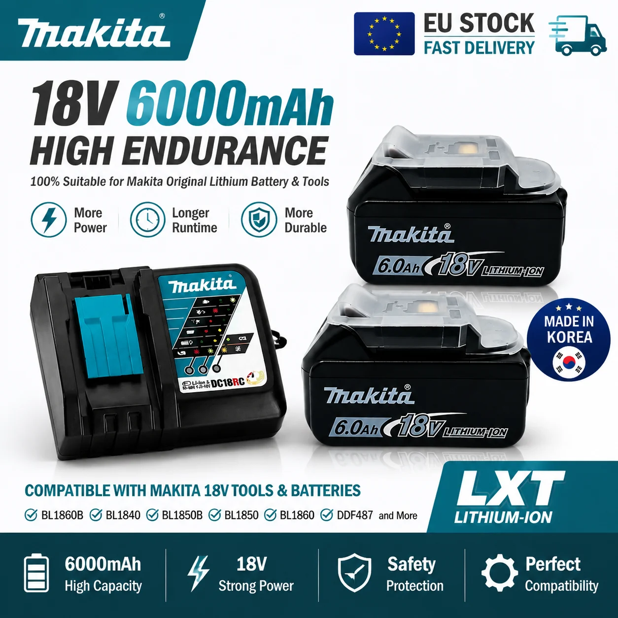 Batería de Iones de Litio Makita de 18 V y 6000 mAh – 100% Compatible con BL1860B, BL1840, BL1850B, BL1850, BL1860, DDF487