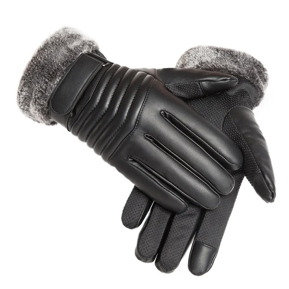 Gloves Winter MEN\'S Fur Mouth Plush Insulation Gloves Outdoor Cycling Motorcycle PU Touch Screen Cotton Gloves