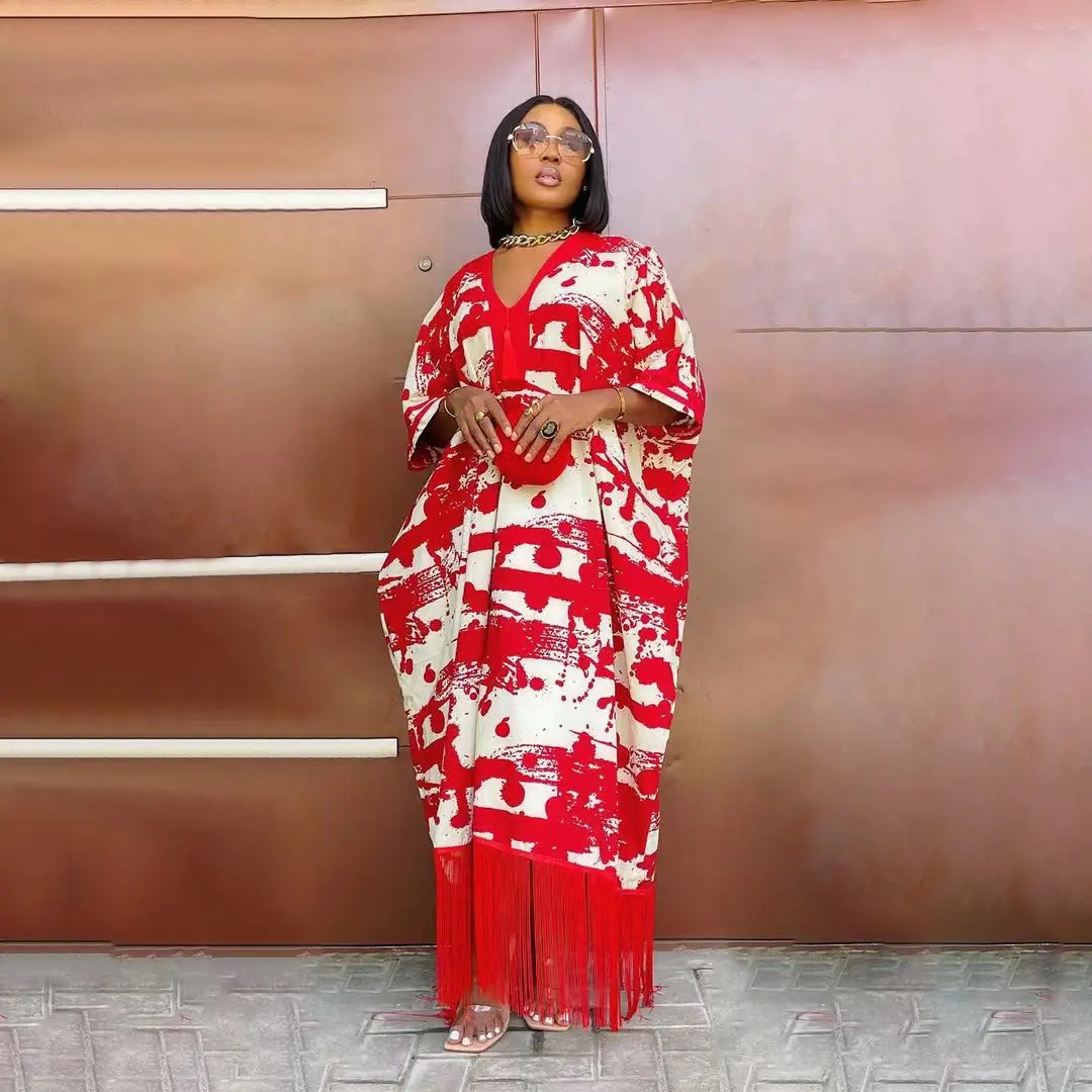 

Summer African Printed Dress Women Casual Tassels V Neck Half Sleeve Loose Fit Party Club Long Maxi Dress Women